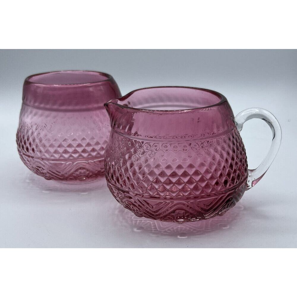 China Creamer and Sugar Pilgrim Cranberry Art Glass Handblown 3.25 Inches